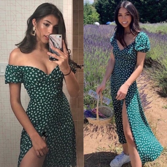 Reformation Dresses & Skirts - Reformation Pearl Dress Chive Green Floral Midi Dress Off Shoulder 4